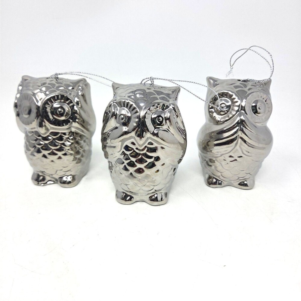 Ceramic Owl Figurine Set of 3 Ornaments (See Hear Speak No Evil) Silver Tone